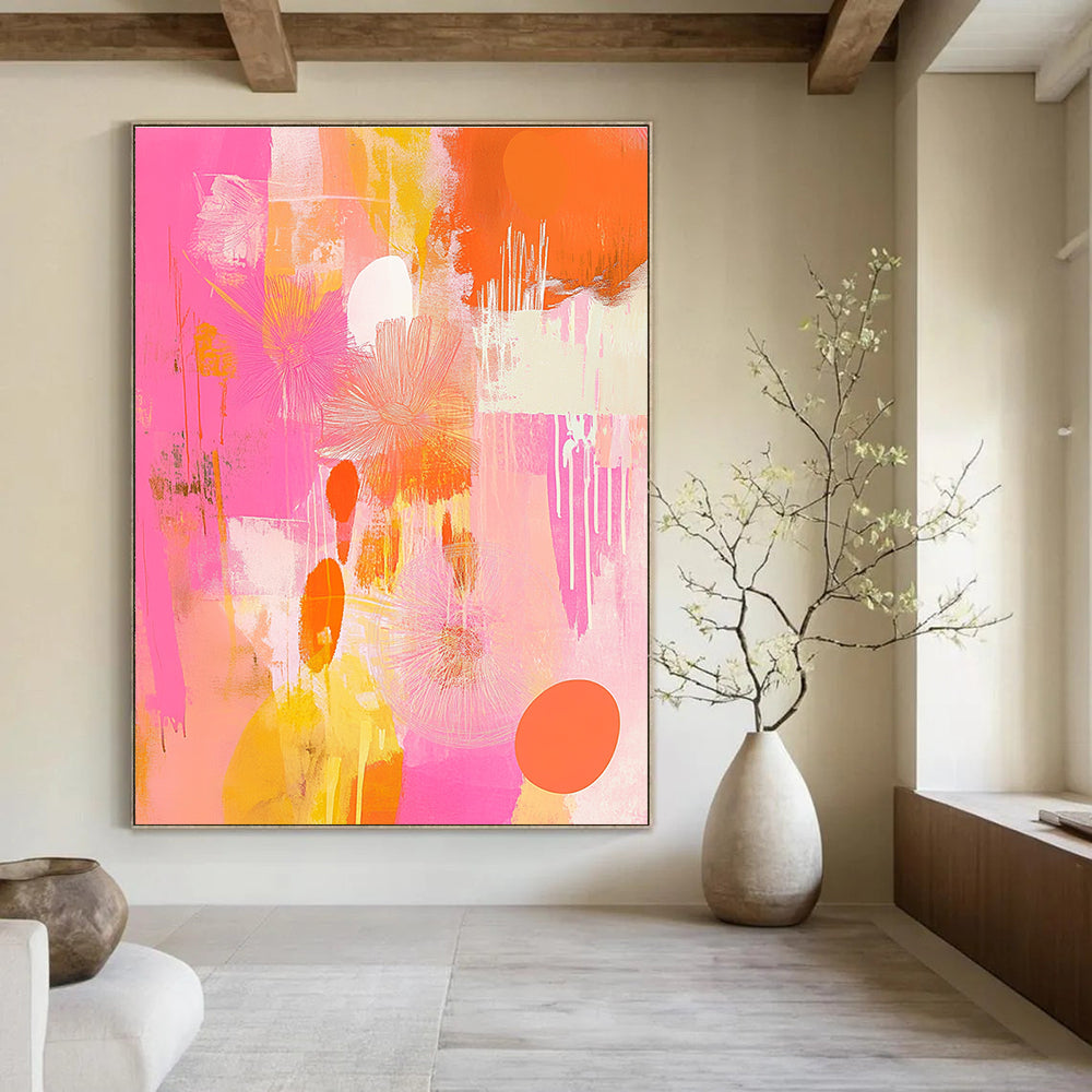 Pink and Orange Abstract Floral Painting for Cheerful Interiors GAB1452