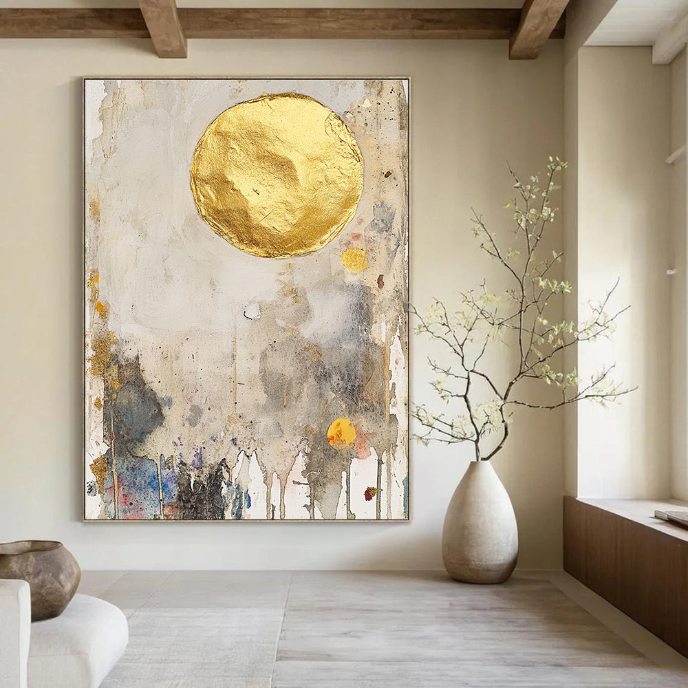 Gold Circle Abstract Mixed - Media Painting for Luxurious Spaces GAB1509