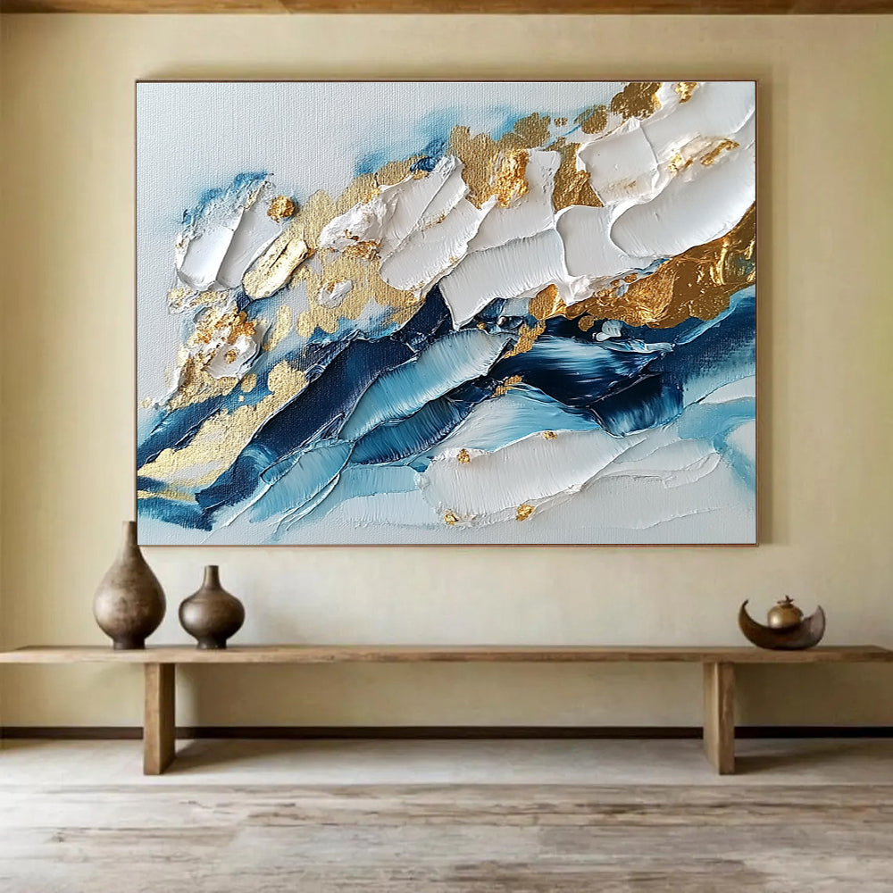 Blue - White - Gold Abstract Painting with Textured Impasto ABS260