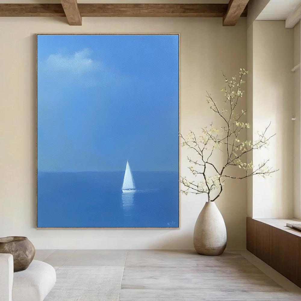 Solitary Sailboat at Sea - Calming Nautical Abstract Painting GAB0413