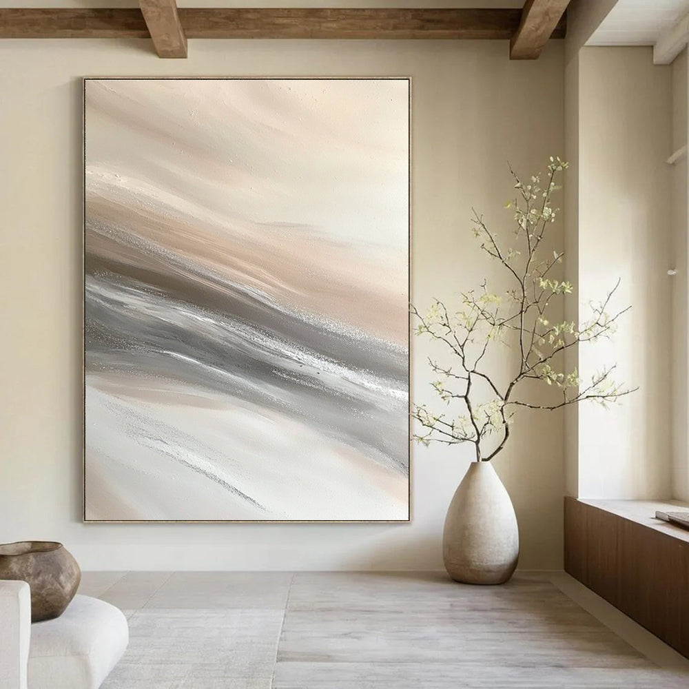 Beige and Grey Flowing Textures Abstract Painting with Soft Movement GAB0074
