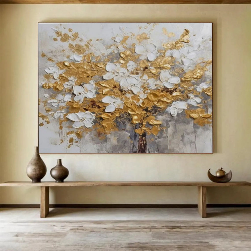 Gold and White Floral Abstract Painting for Luxurious Dining Rooms YHT246