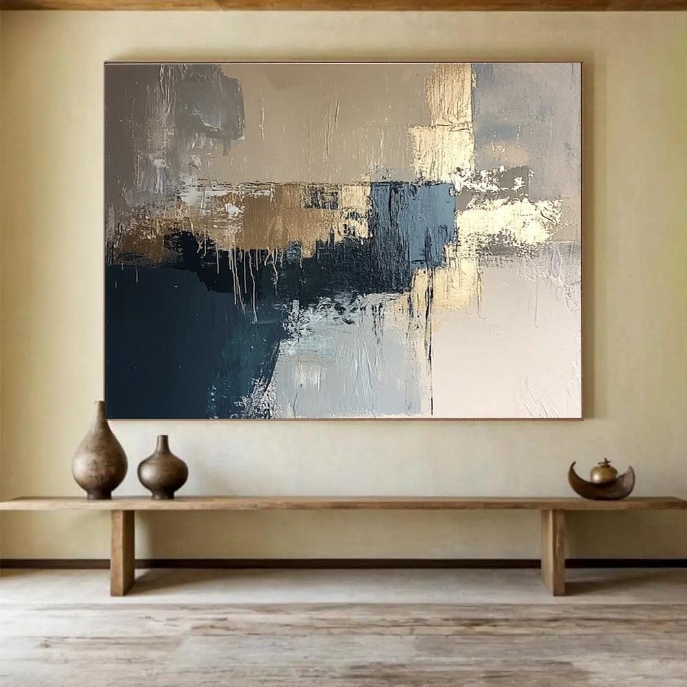 Gray and Gold Abstract with Dripping Details Abstract Painting ABS385