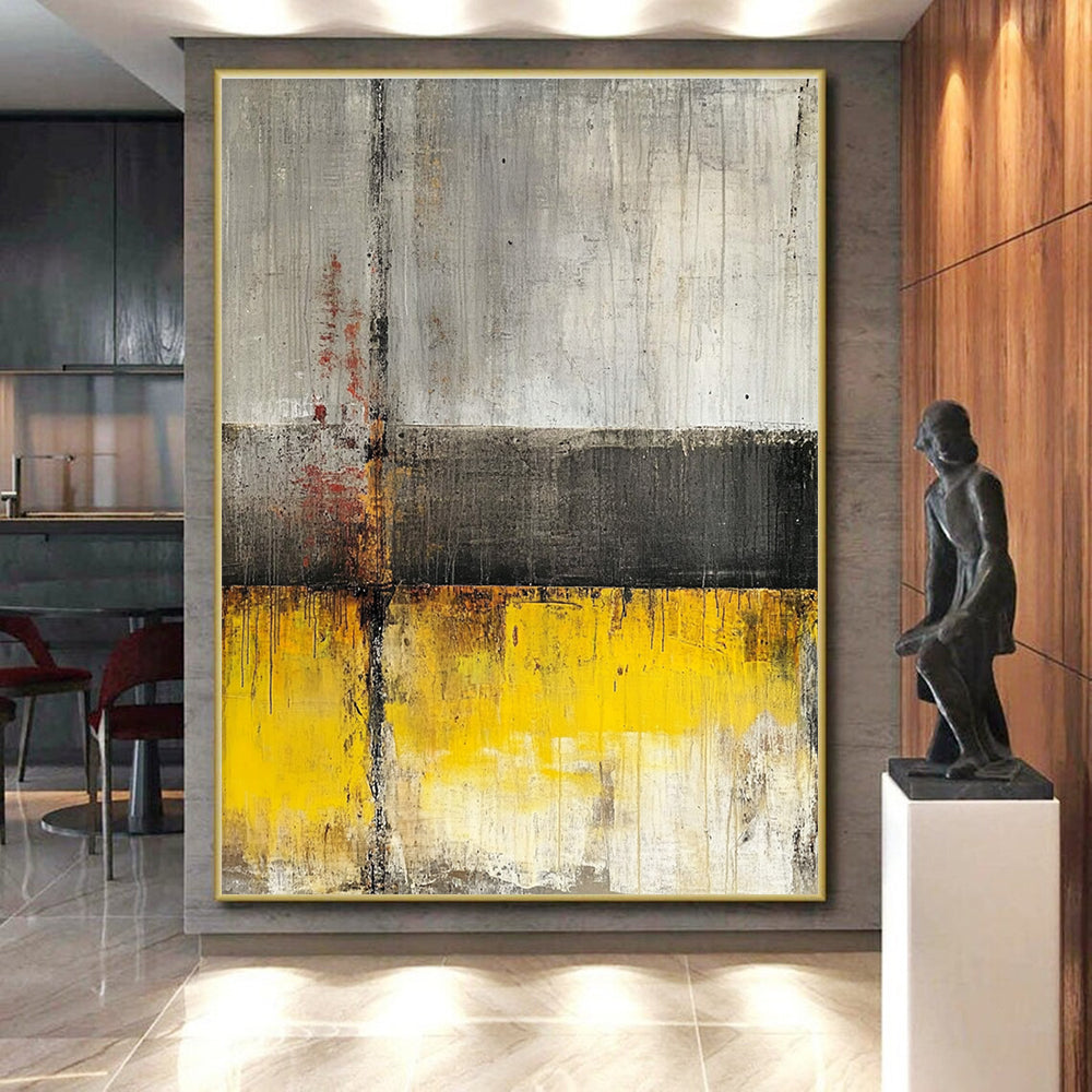 Gray - Yellow Abstract Cross Painting with Industrial Charm WINK422