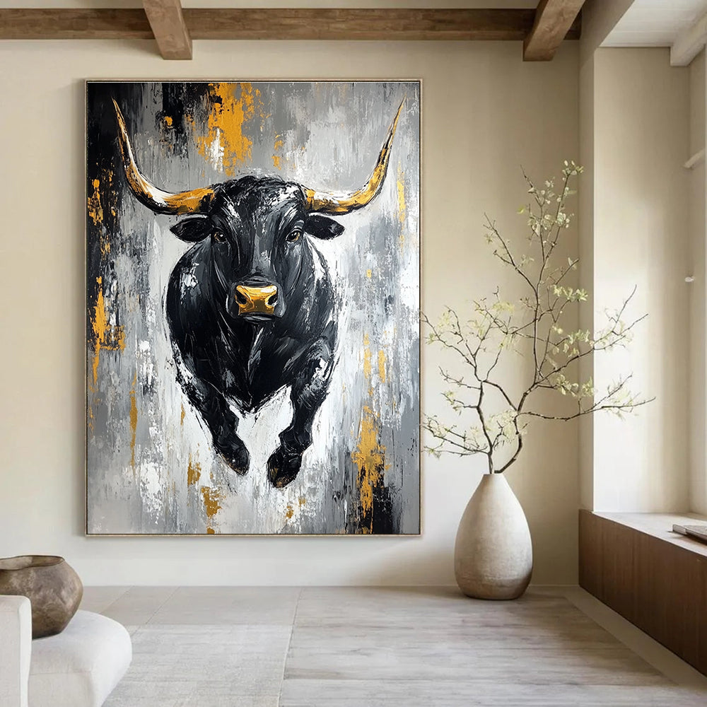 Black Bull with Gold Accents - Powerful Figurative Abstract Art GAB0456