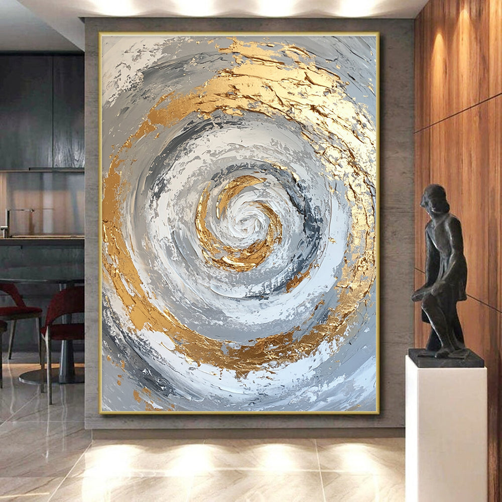 Gold Silver Spiral Abstract Painting with Textured Movement WINK622