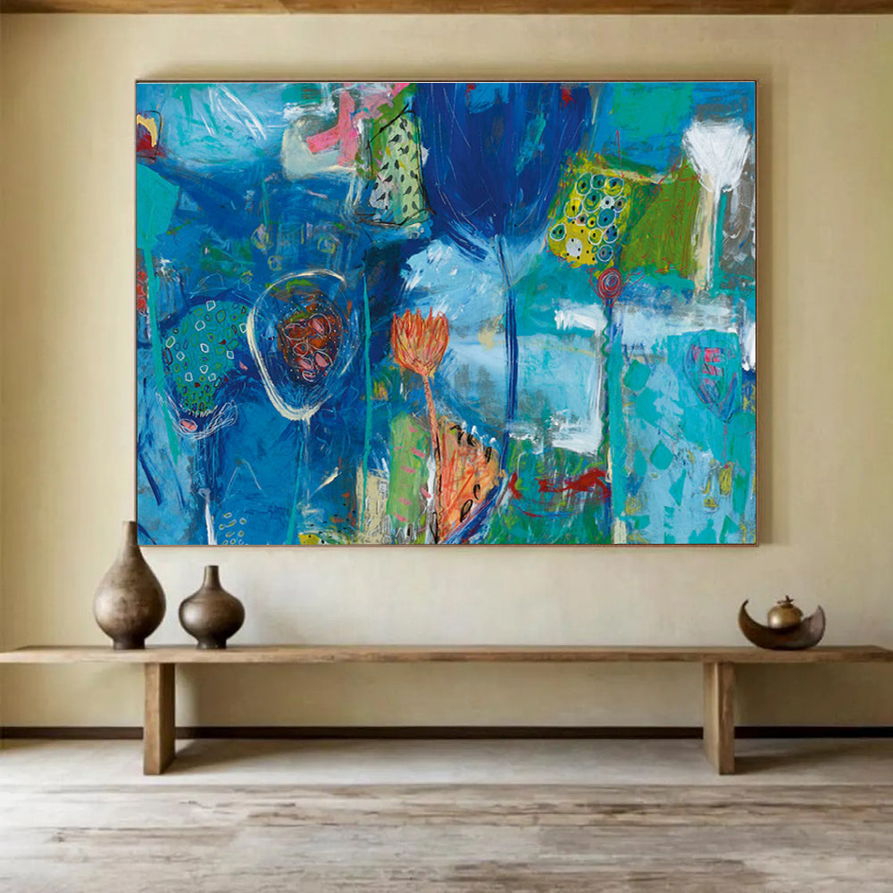 Blue Floral Abstract Painting for Serene Spa Interiors YHT234