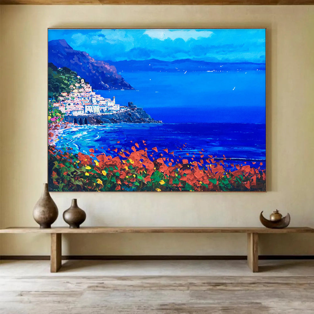 Coastal Town Night Abstract Painting for Mediterranean - Style Bars YHT434