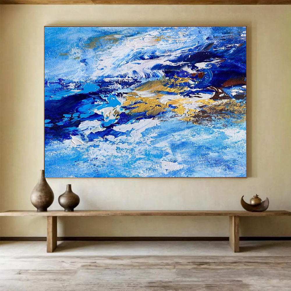 Blue and Gold Wave Abstract Painting for Nautical - Inspired Lounges YHT345