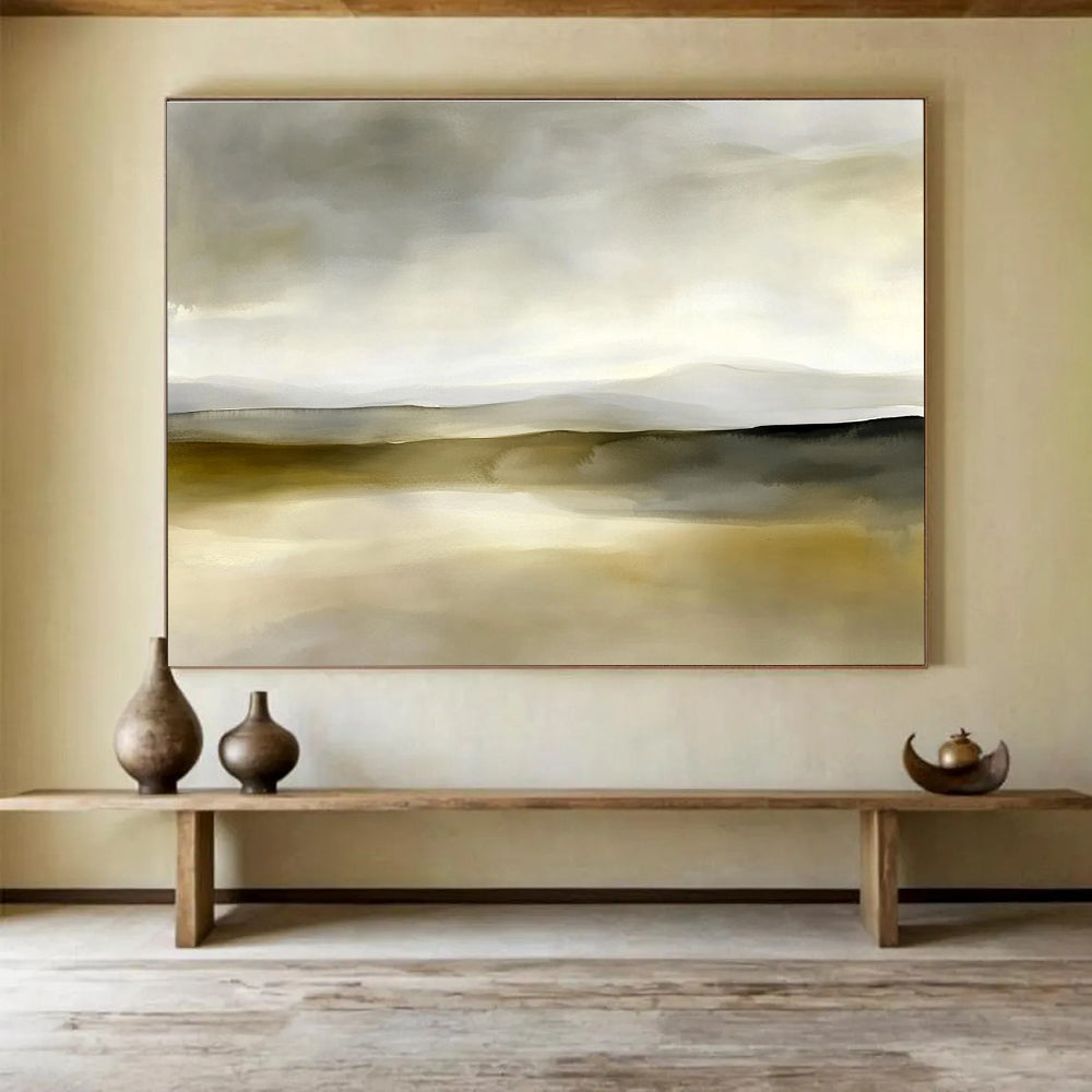Neutral Tones Landscape Abstract Painting with Serene, Misty Ambiance ABS447