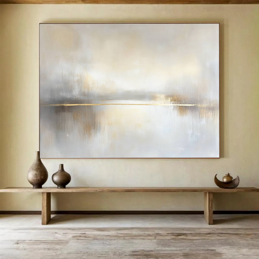 Golden Stripe Lake Abstract Painting with Subtle Elegance ABS295