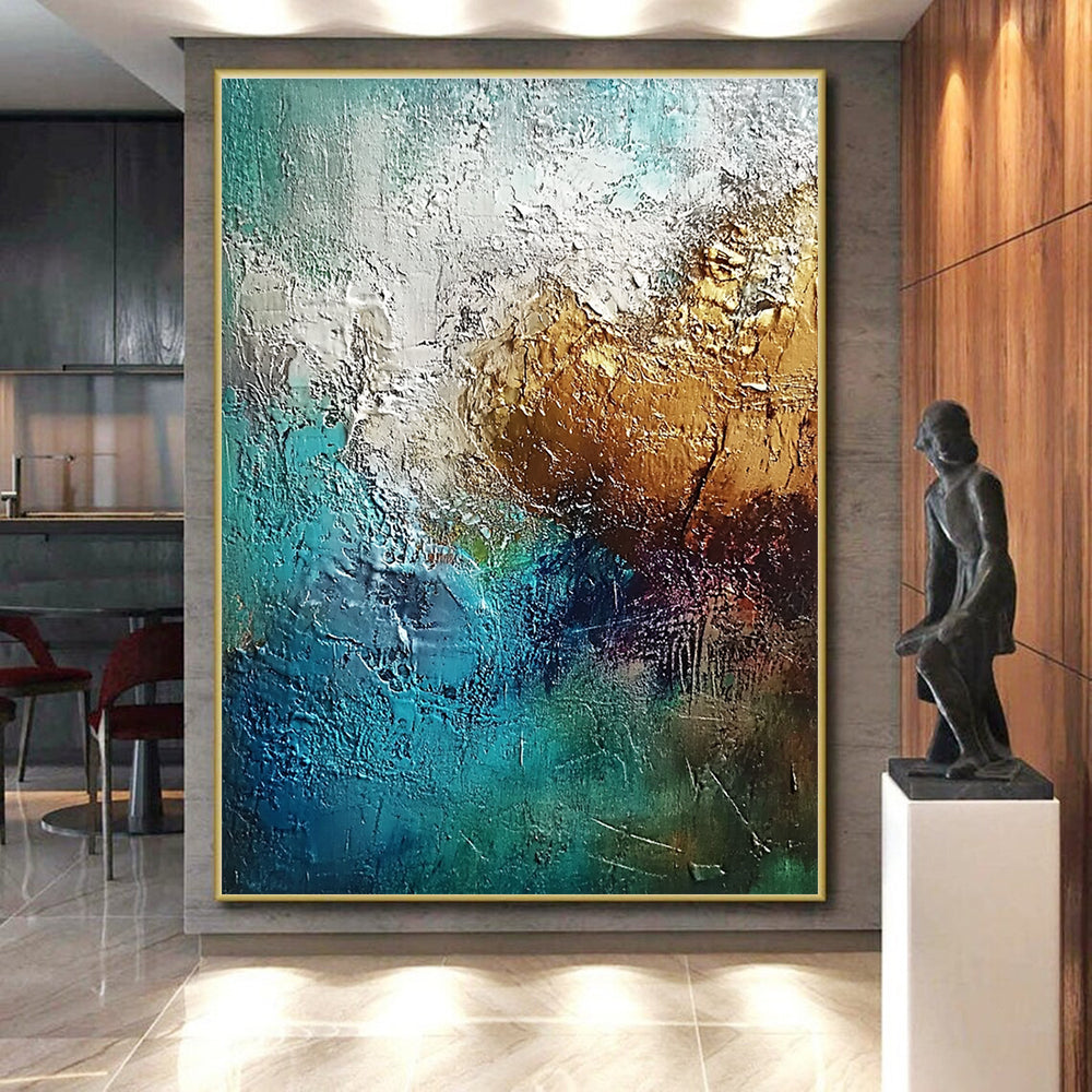 Textured Gold Blue Abstract Painting with Rich Depth WINK785