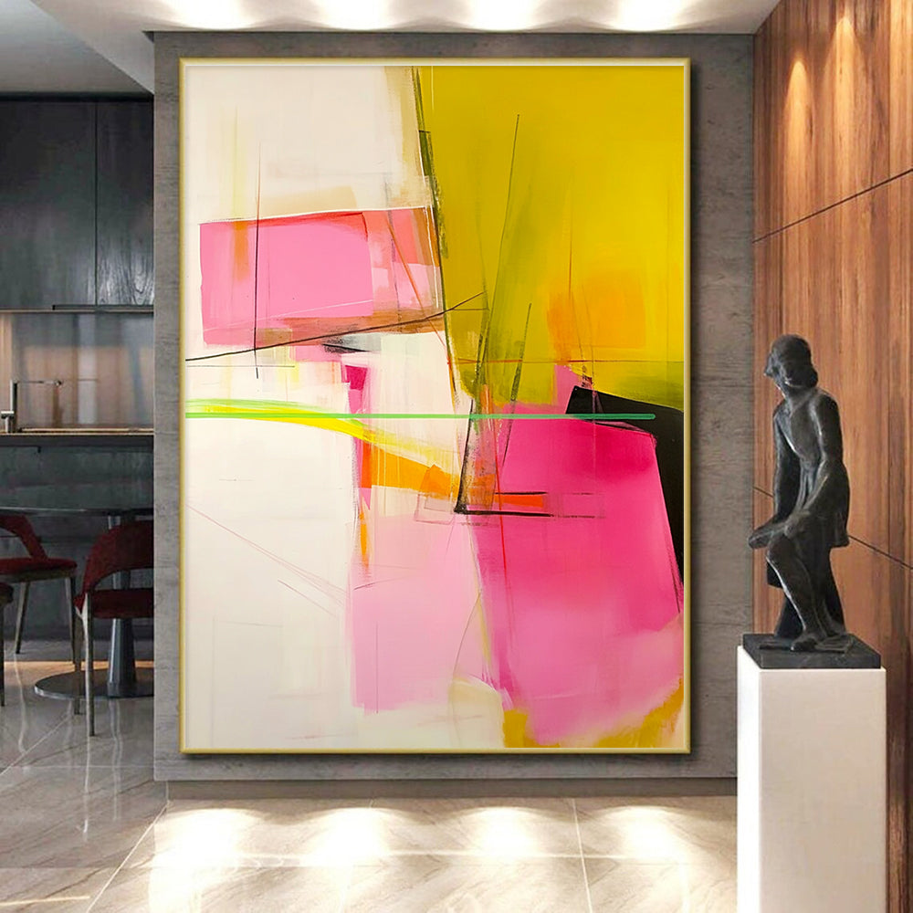 Pink Yellow Geometric Abstract Painting with Subtle Lines WINK629