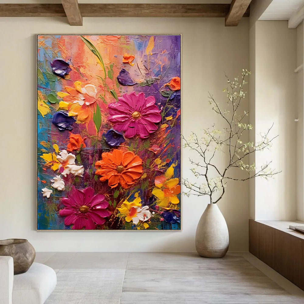 Textured Floral Abstraction Painting for Vibrant Living Spaces HENG430