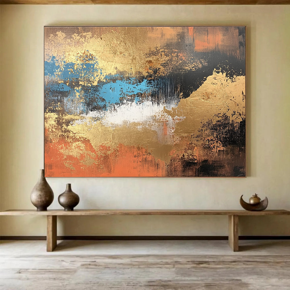 Gold - Blue Abstract Painting with Textured Brushstrokes ABS251