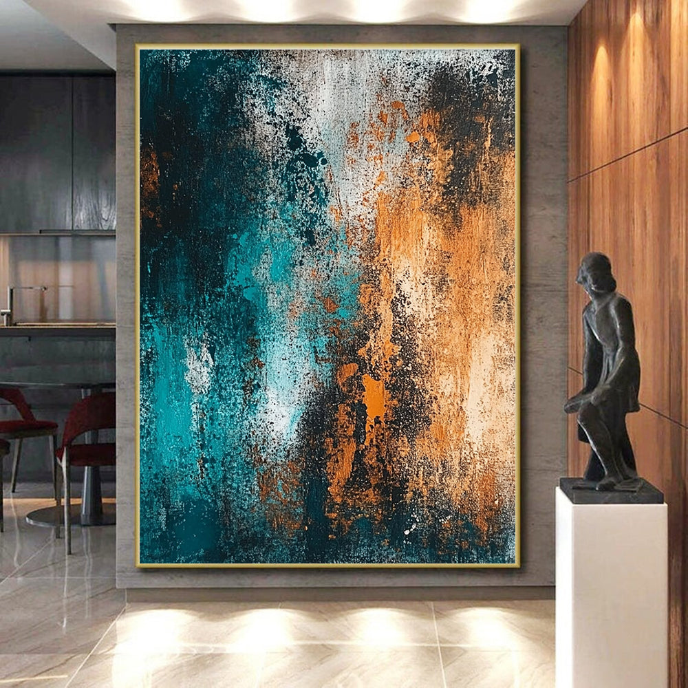 Teal and Orange Textured Abstract Painting with Fiery Calm WINK289
