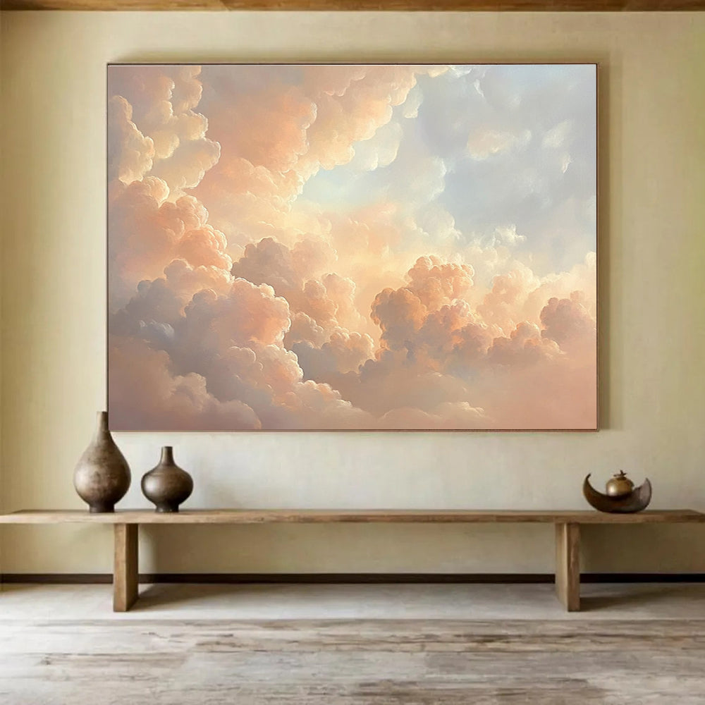 Fluffy Cloudscape in Peach Painting with Dreamy Serene Ambiance ABS564