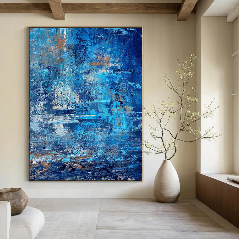 Blue and Gold Textured Abstract Painting for Coastal Home Interiors HENG457