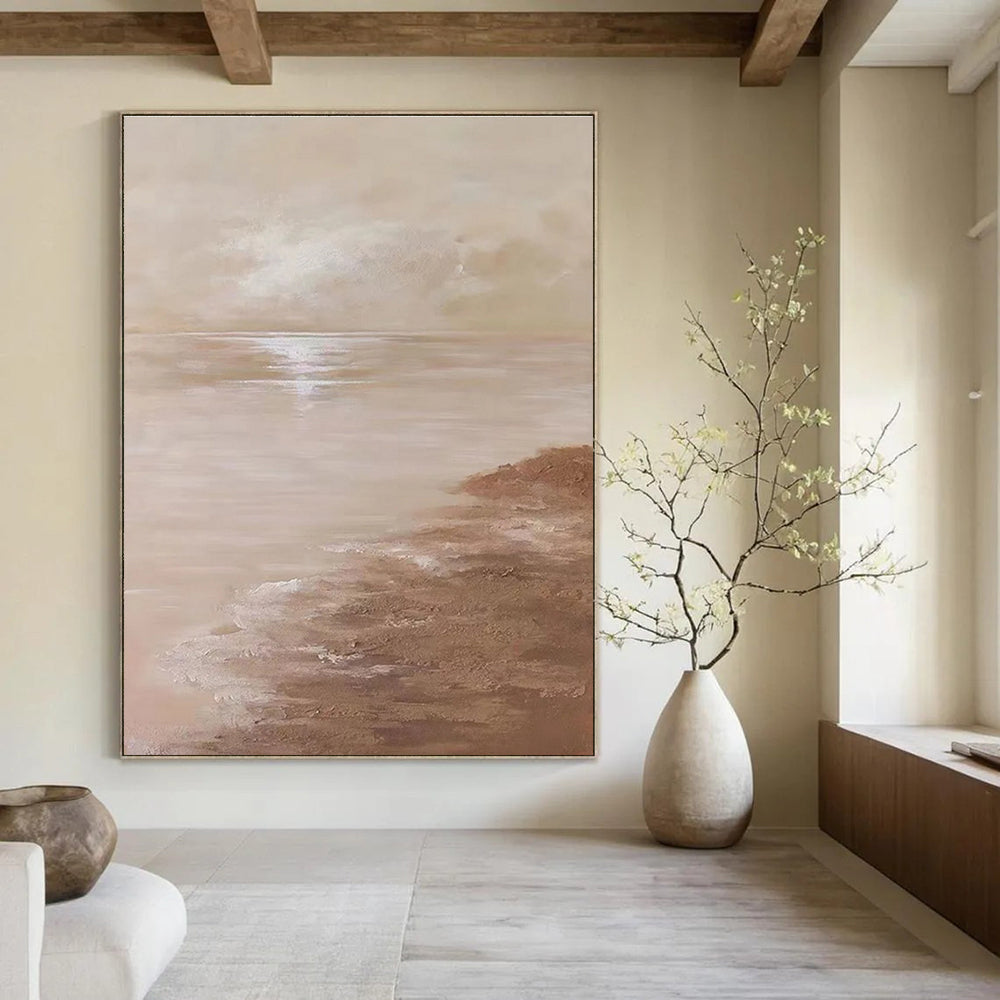 Serene Beige Seaside Landscape Abstract Painting for Coastal - Inspired Bedrooms HENG341