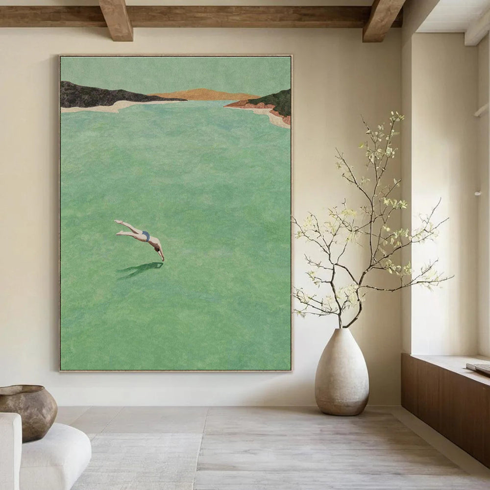 Diver in Green Water Figurative Painting for Nature - Inspired Spaces HENG304