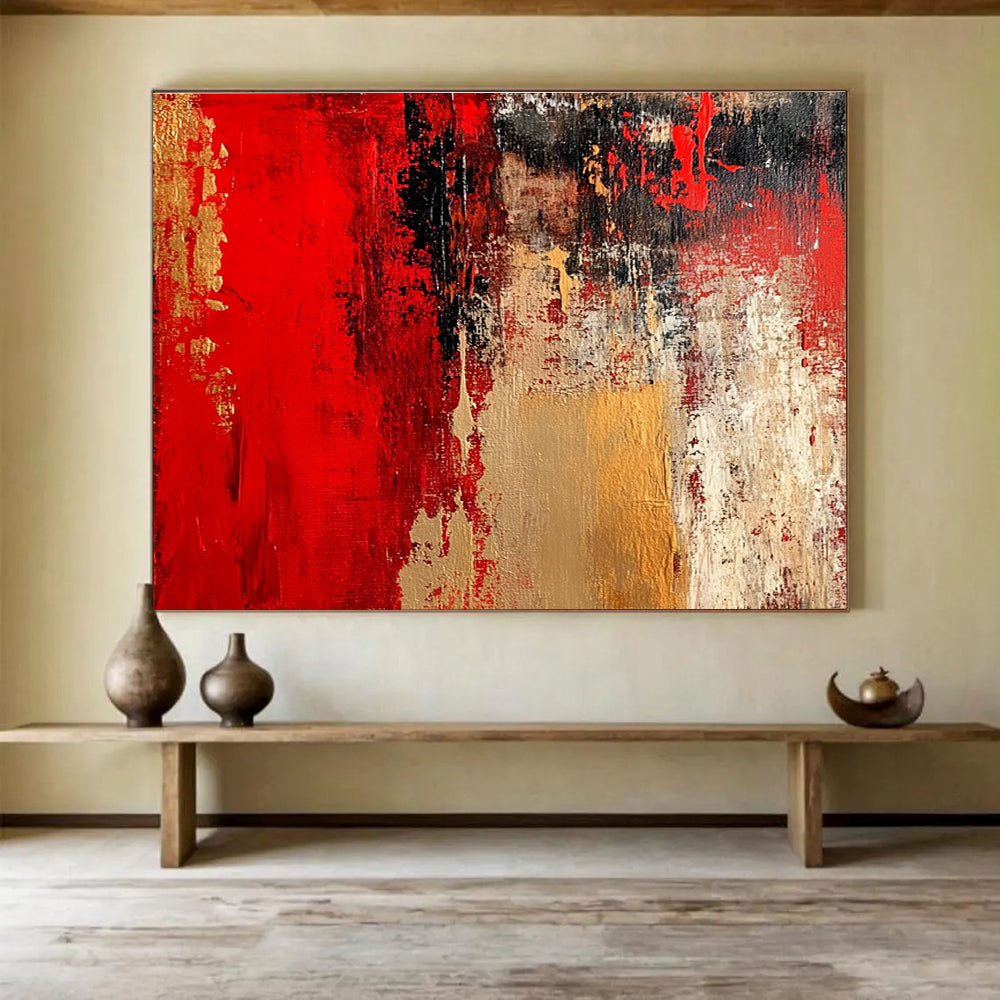 Red and Gold Abstract Painting with Rich Textural Layers ABS431
