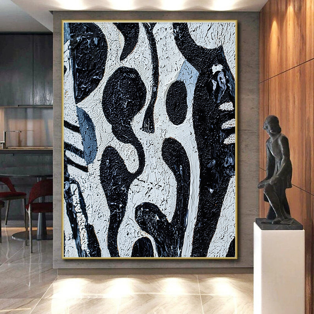 Black and White Textured Shapes Abstract Painting with Bold Contrast WINK050