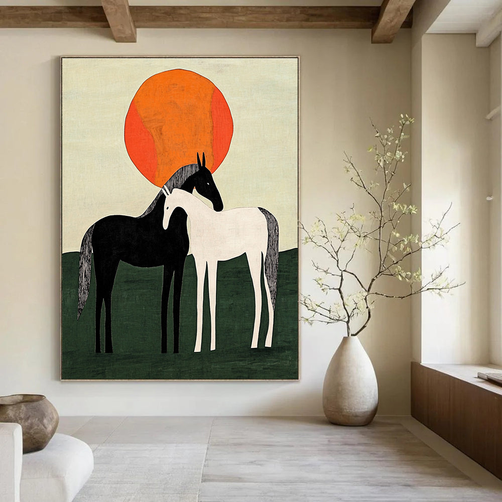 Two Horses Under Orange Sun Abstract Painting for Rustic Home Decor GAB1371