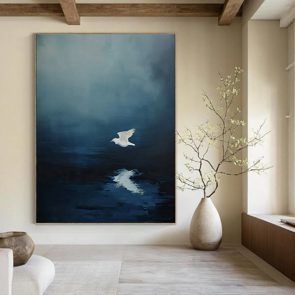 White Bird Over Water Abstract Painting for Coastal Home Bedrooms HENG478