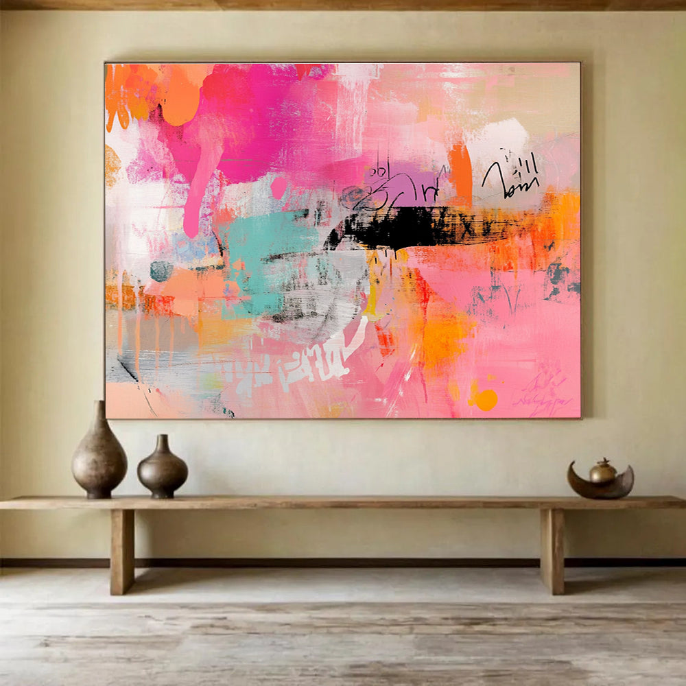 Pink and Orange Abstract Expression Painting with Bold, Spontaneous Marks ABS467