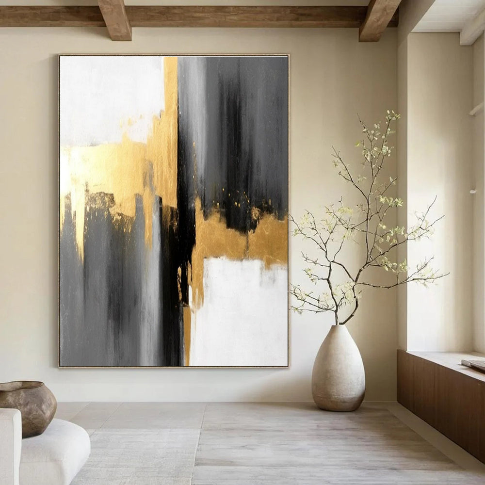 Gray - Gold Abstract Contrast Painting for Sophisticated Corporate Lobbies HENG076