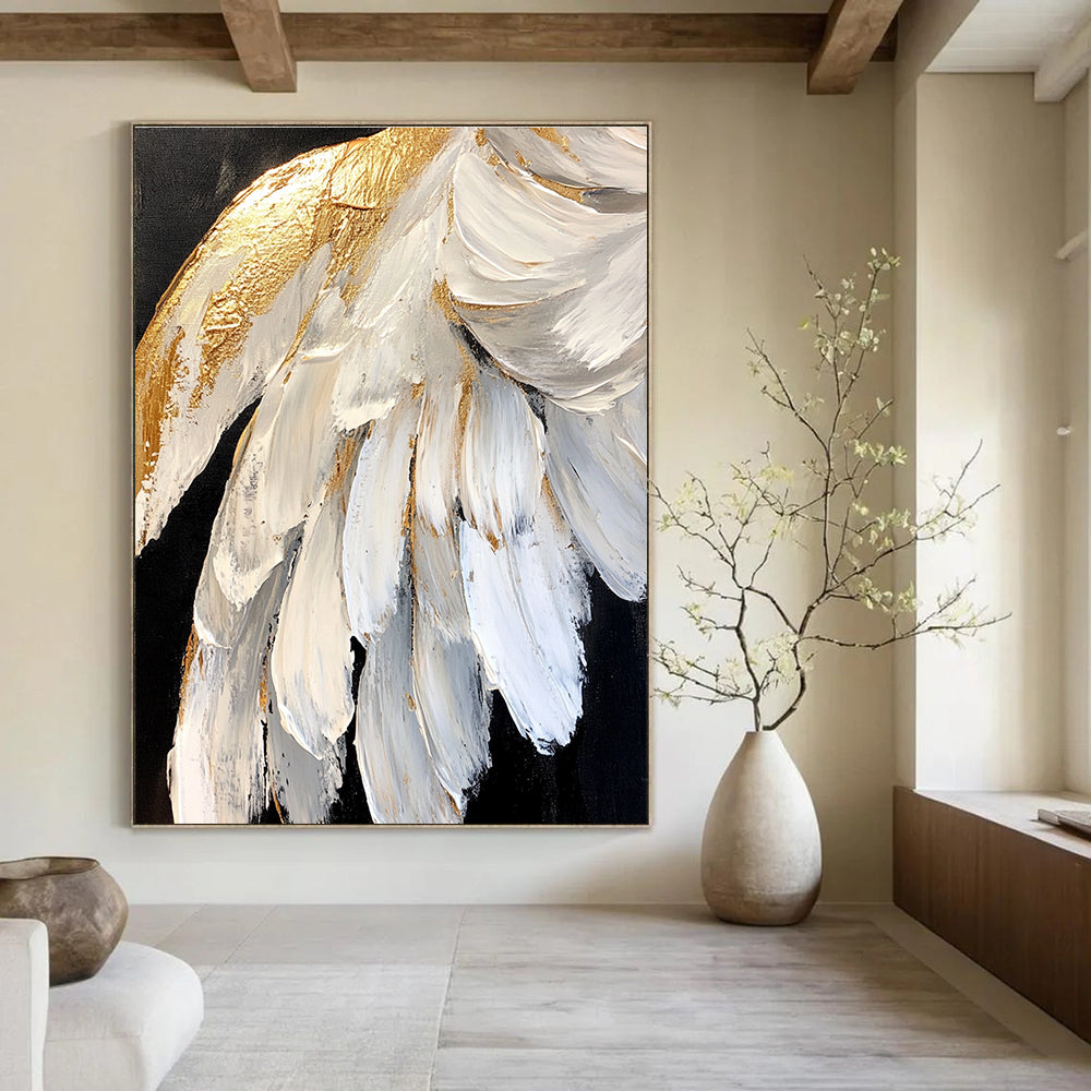 White - Gold Feather Textured Art - Luxe Minimalist Abstract Painting GAB0432