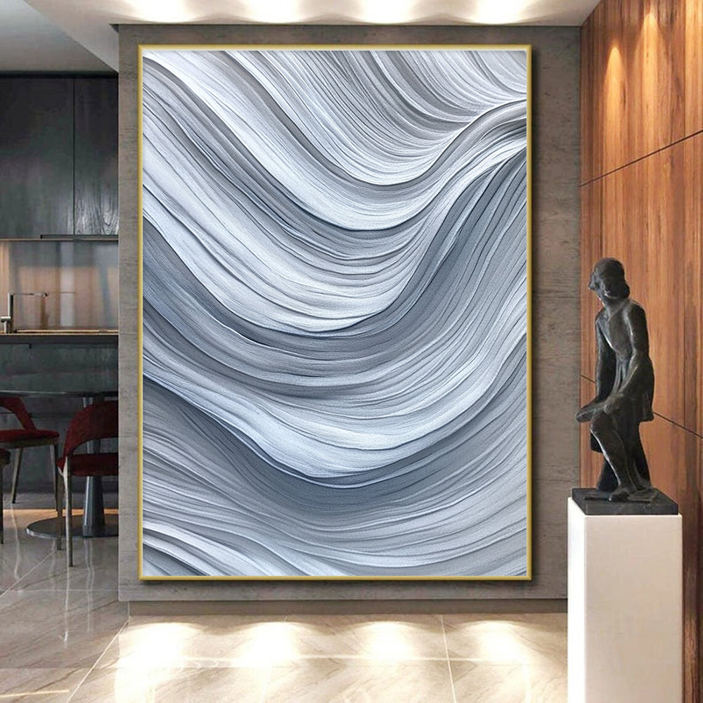 Gray and White Waves Abstract Painting with Monochromatic Flow WINK075