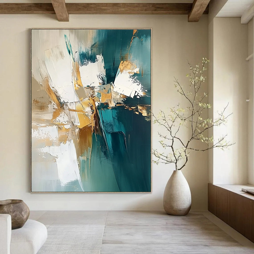 Teal and Gold Textured Abstract Painting for Coastal - Inspired Living Rooms GAB0901