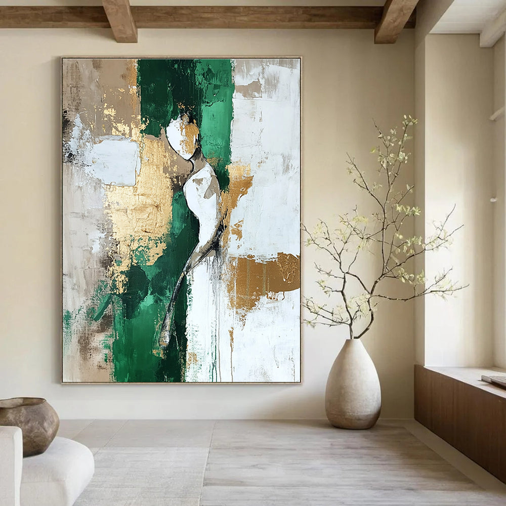 Abstract Figure Painting with Green and Gold Accents GAB0675