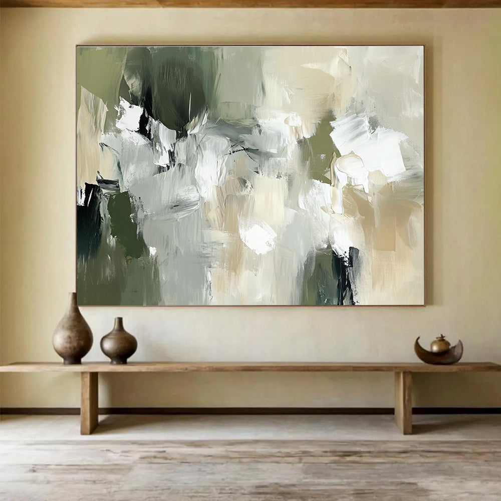 Green and Gray Abstract with Patchwork - like Forms Abstract Painting ABS376