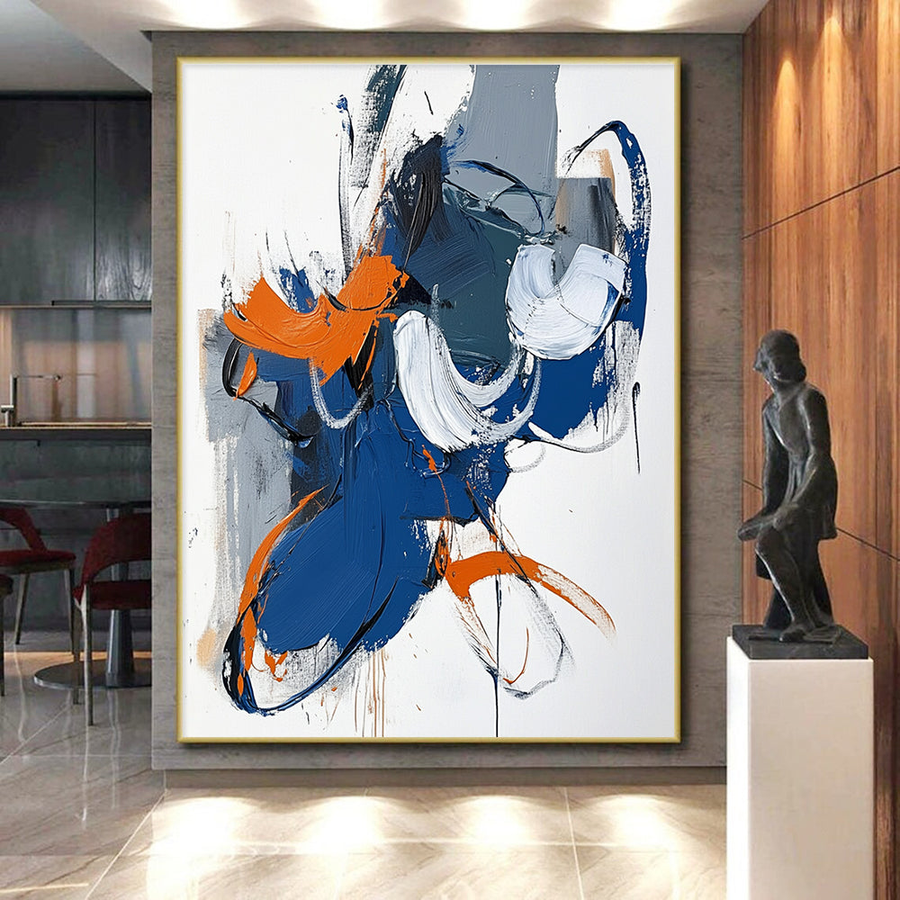 Blue Orange White Abstract Painting with Playful Brushstrokes WINK595