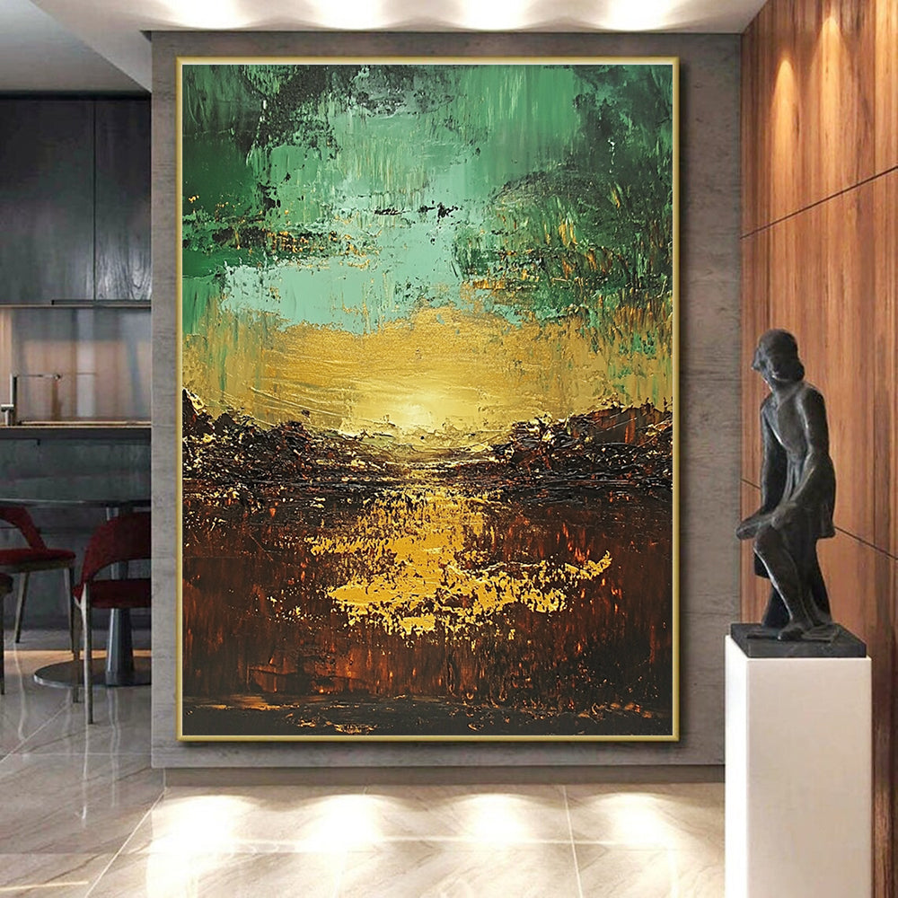 Green - Gold Abstract Landscape Painting with Ethereal Sunset WINK430