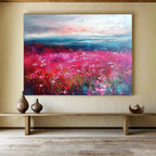 Pink Flower Field and Seascape Abstract Painting with Vivid, Romantic Ambiance ABS472