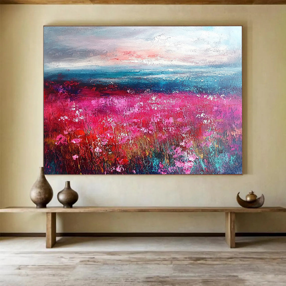 Pink Flower Field and Seascape Abstract Painting with Vivid, Romantic Ambiance ABS472
