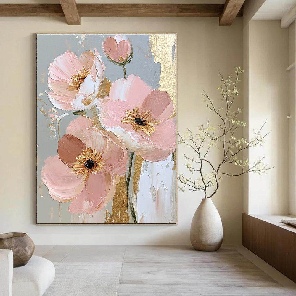 Pink Flowers with Gold Accents Elegant Abstract Painting for Sophisticated Interiors GAB1421