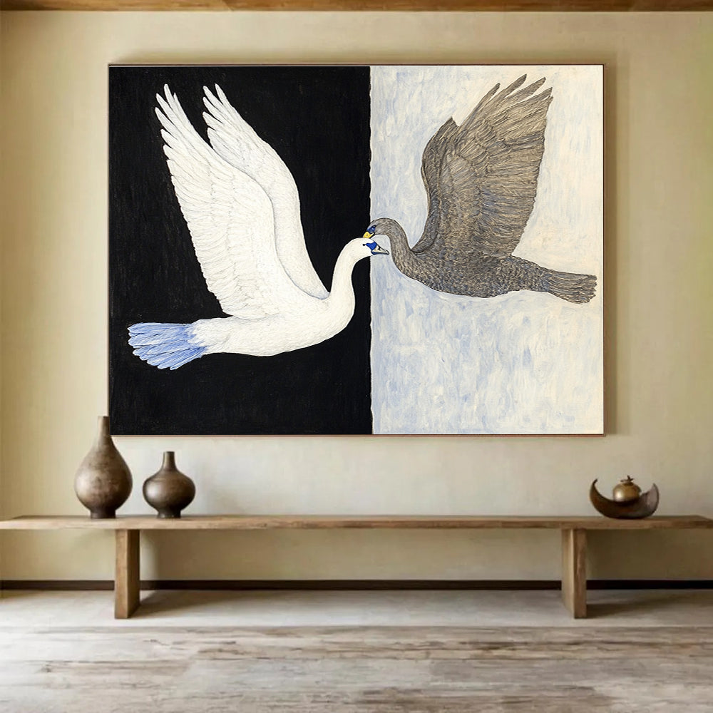 Symbolic Black - White Swans Art Exploring Duality and Harmony in Nature Abstract Painting ABS149