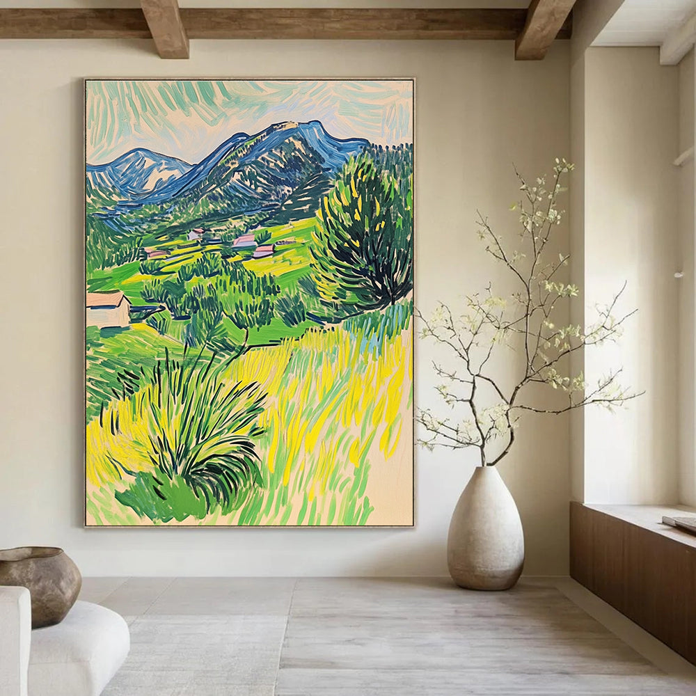 Vibrant Mountain Village Painting of Lively Rural Scenery GAB0152