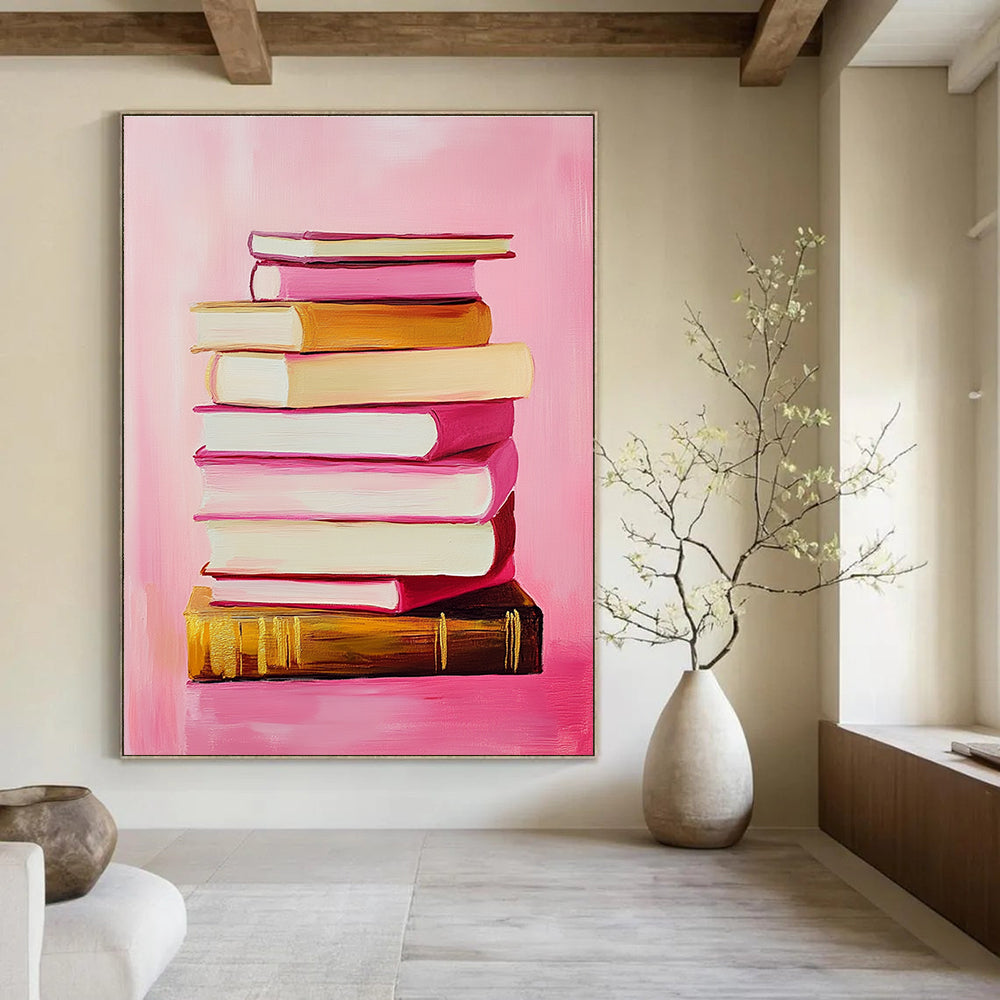 Pink Book Stack Whimsical Still - Life Abstract Painting GAB0368
