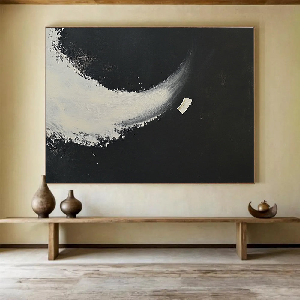 Black - White Crescent Abstract Painting with a Simple yet Striking Design ABS256