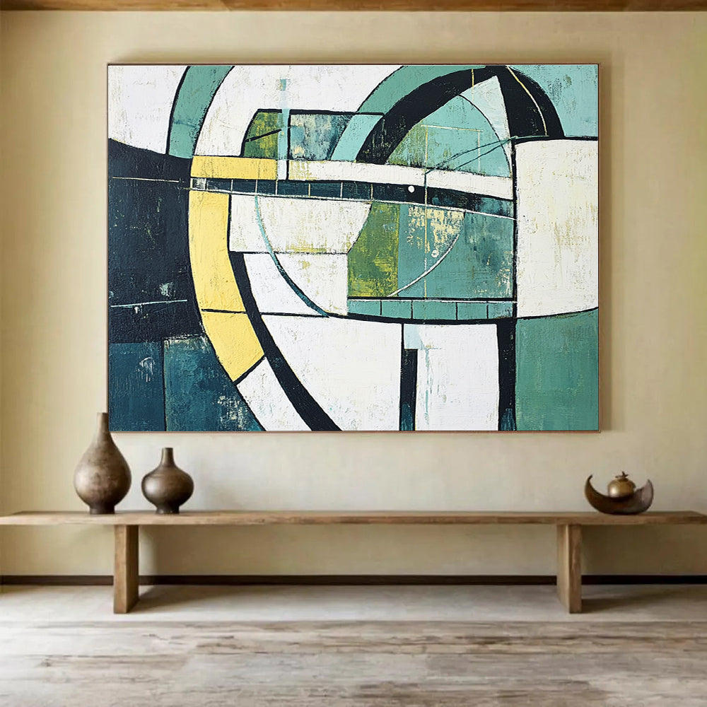 Green and Yellow Geometric Abstract Painting with Structural Harmony ABS411