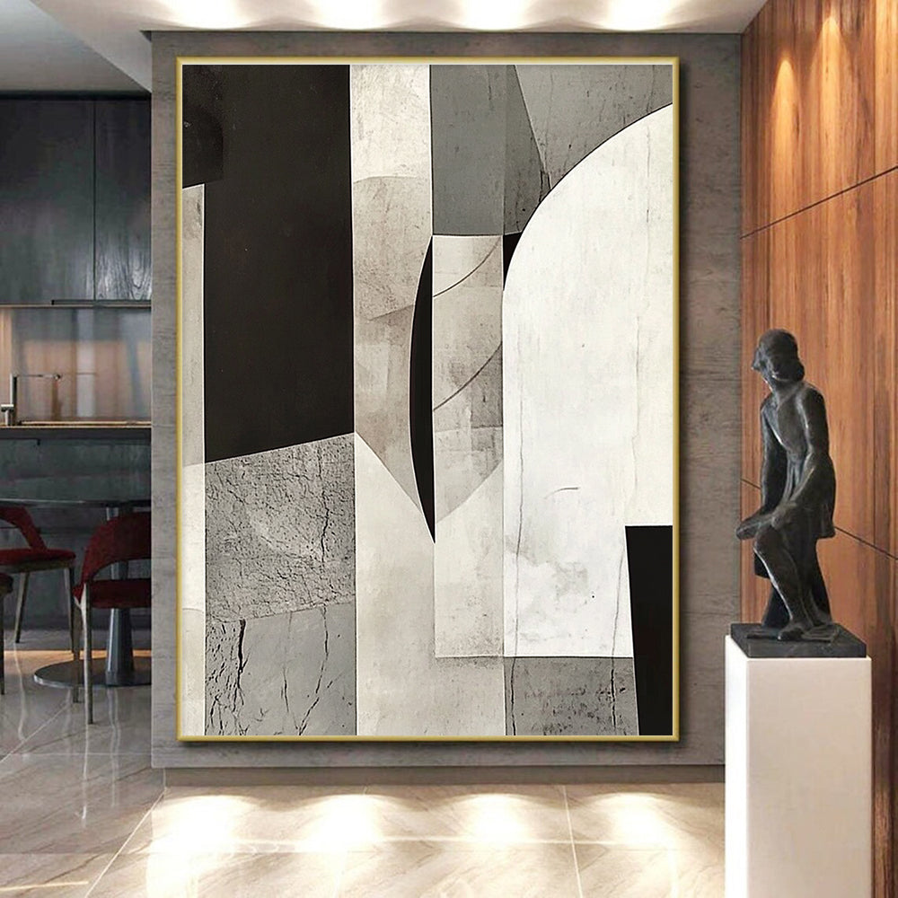Gray and Black Geometric Collage Abstract Painting with Textured Complexity WINK014