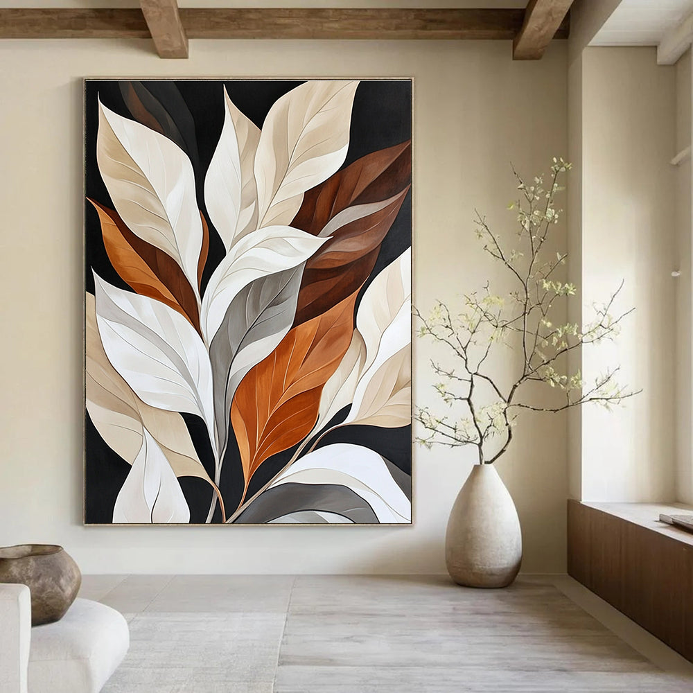 Colorful Leaves on Black Sophisticated Botanical Abstract Painting GAB0303