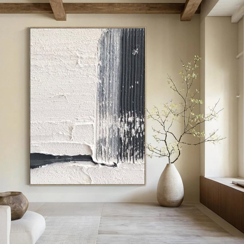 White and Black Textured Striped Art Abstract Painting for Monochrome - Themed Dining Rooms HENG366