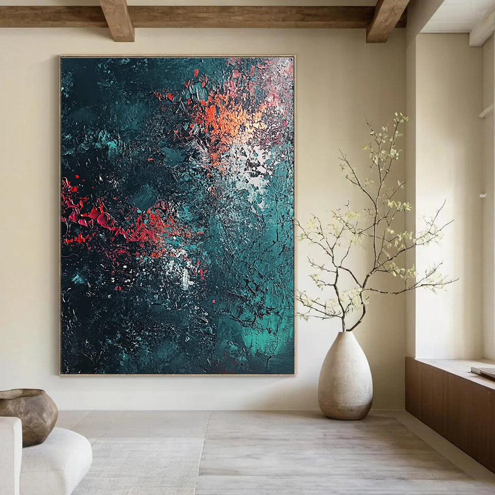 Dark Teal and Red Abstract Painting for Intimate Wine Bars GAB0857