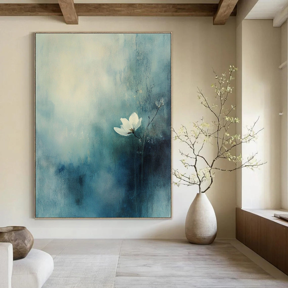 Solitary White Flower Abstract Painting for Serene Bedrooms GAB1101